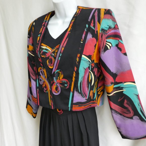 Vintage 3pc Black Abstract Pant Suit Blazer Blouse Trousers Basque Waist USA 10 - Picture 10 of 16